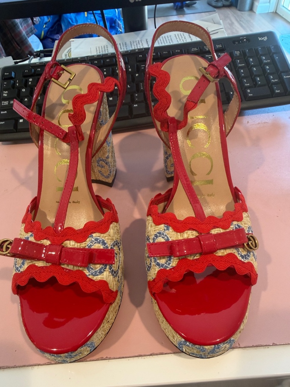 Gucci Red Patent & Woven Platform Slingback Heels - Picture 1 of 7